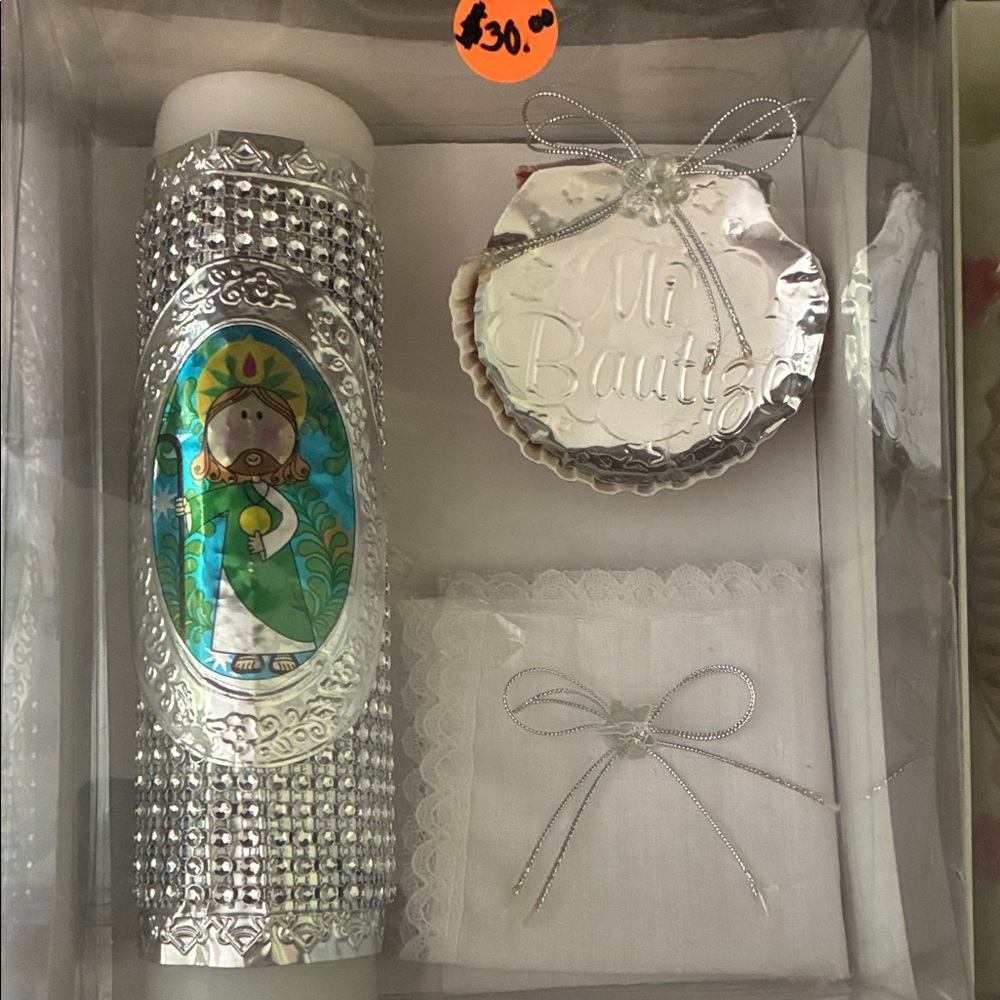 St Jude Silver and White Baptism Candle Set